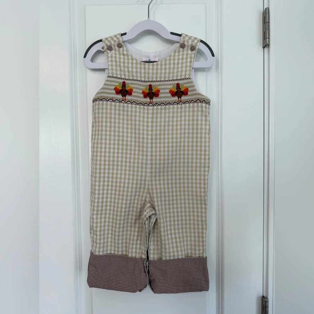 Stellybelly Smocked Turkey Thanksgiving Longall Tan Gingham Size 12 Months